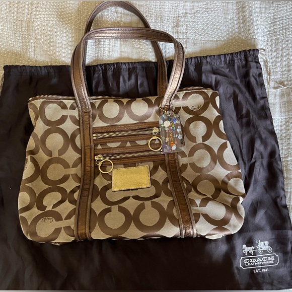Coach Poppy C op art glam bronze metallic leather brown jacquard canvas tote bag - Picture 5 of 15
